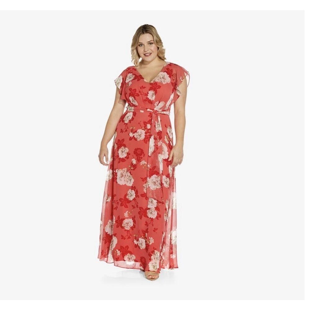Adrianna Papell Floral Chiffon Flutter sleeve Gown Pink Size 20W MSRP $219 New